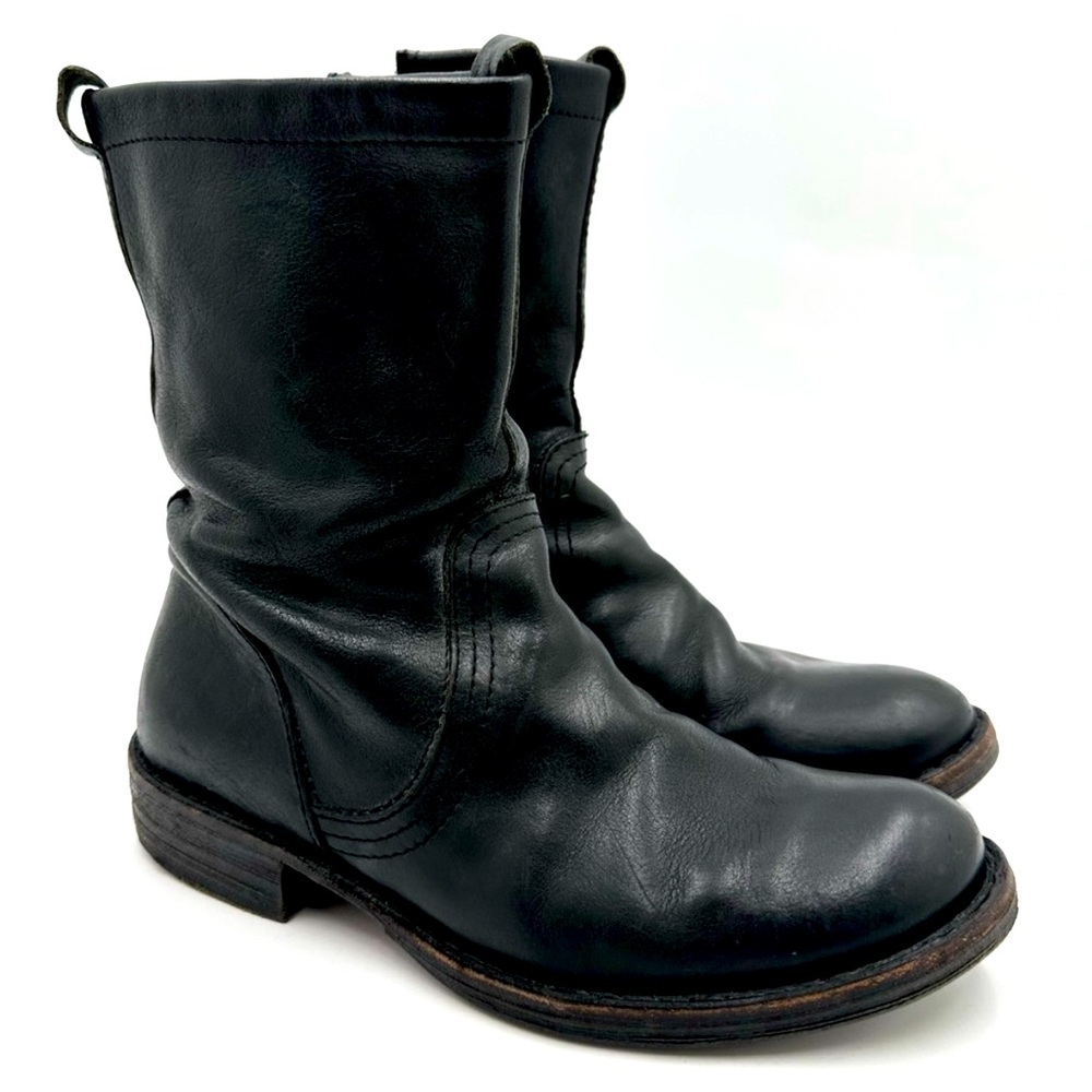 Fiorentini + Baker Black Leather Side Zip Moto Mid-Calf Boots